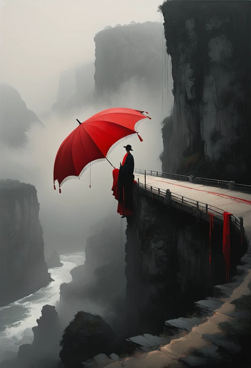 a simple,minimalist illustration, 1 red umbrella ,tassels on the umbrella,solitary figure,on a cliff edge,bridge