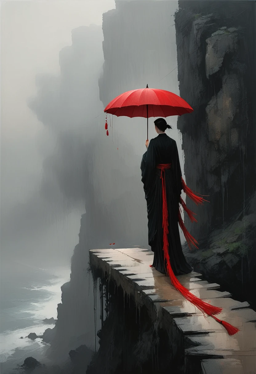 a simple,minimalist illustration, 1 red umbrella ,tassels on the umbrella,solitary figure,on a cliff edge,bridge