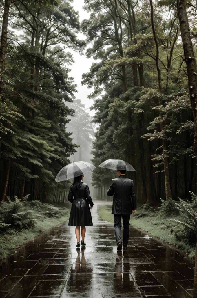 A couple walking in the rain with umbrella in the forest (wide view of the forest from front)
