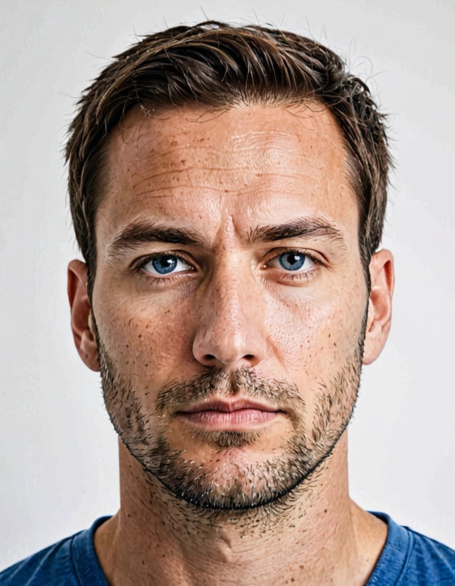 pure white background, white id photo, closeup, photo of 35 y.o man in blue clothes, serious face, skinny