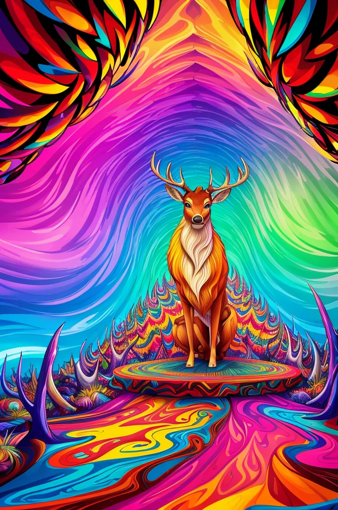 (Psychedelic paintings，A deer standing in front of a colorful swirl), ((Multiple antlers, stag, Big Head)), Vibrant colors, Thick Line, wave, Multi-layer, prospect, view, Fractal Thunder by Dan Mumford , Dan Mumford and Alex Gray style, Psychedelic surrealist art, Surreal psychedelic design, dream art style, illusion Psychedelic Art, infinite psychedelic wave, Inspired by Cyril Rolando Rolando), Realistic corrugated structure, Psychedelic Art style, Psychedelic Art, Psychedelic illustration--V6