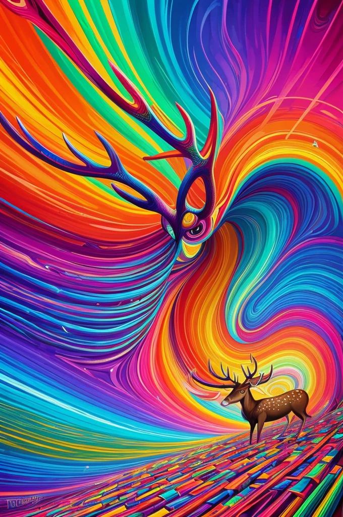 (Psychedelic paintings,A deer standing in front of a colorful swirl), ((Multiple antlers, stag, Big Head)), Vibrant colors, Thick Line, wave, Multi-layer, prospect, view, Fractal Thunder by Dan Mumford , Dan Mumford and Alex Gray style, Psychedelic surrealist art, Surreal psychedelic design, dream art style, illusion Psychedelic Art, infinite psychedelic wave, Inspired by Cyril Rolando Rolando), Realistic corrugated structure, Psychedelic Art style, Psychedelic Art, Psychedelic illustration--V6