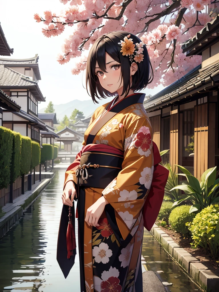 Mikasa, 1girl, wearing a kimono, long japan kimono with flowers art, at a Japan village, black short hair, 8k, high detailed, high quality