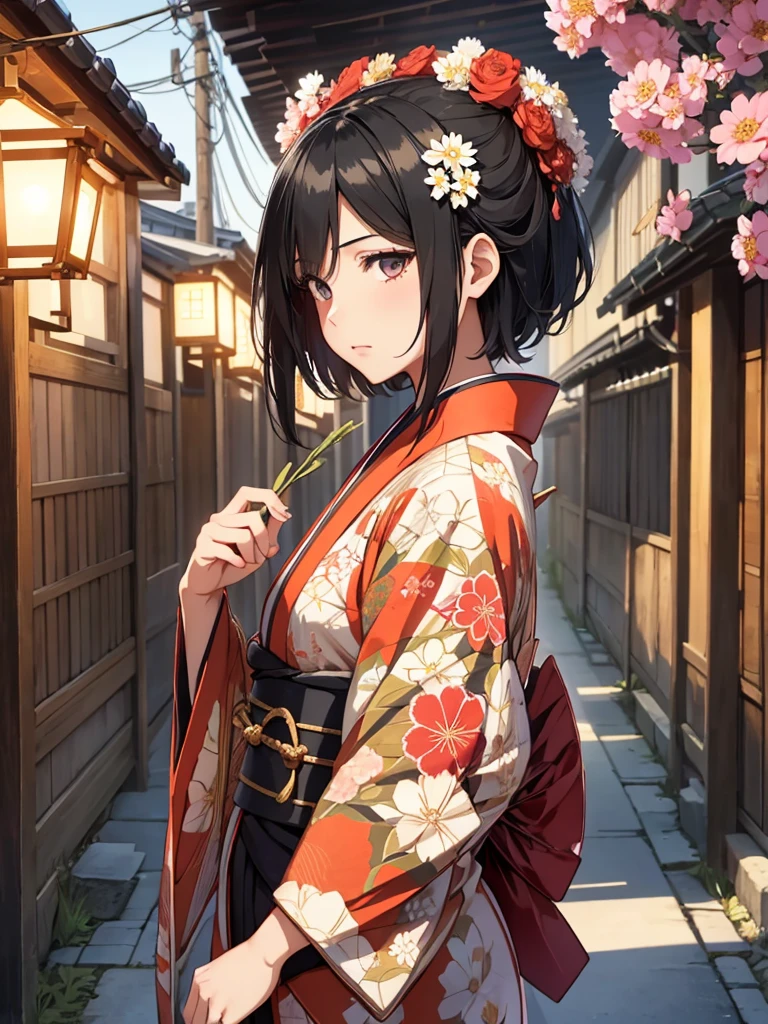 Mikasa, 1girl, wearing a kimono, long japan kimono with flowers art, at a Japan village, black short hair, 8k, high detailed, high quality
