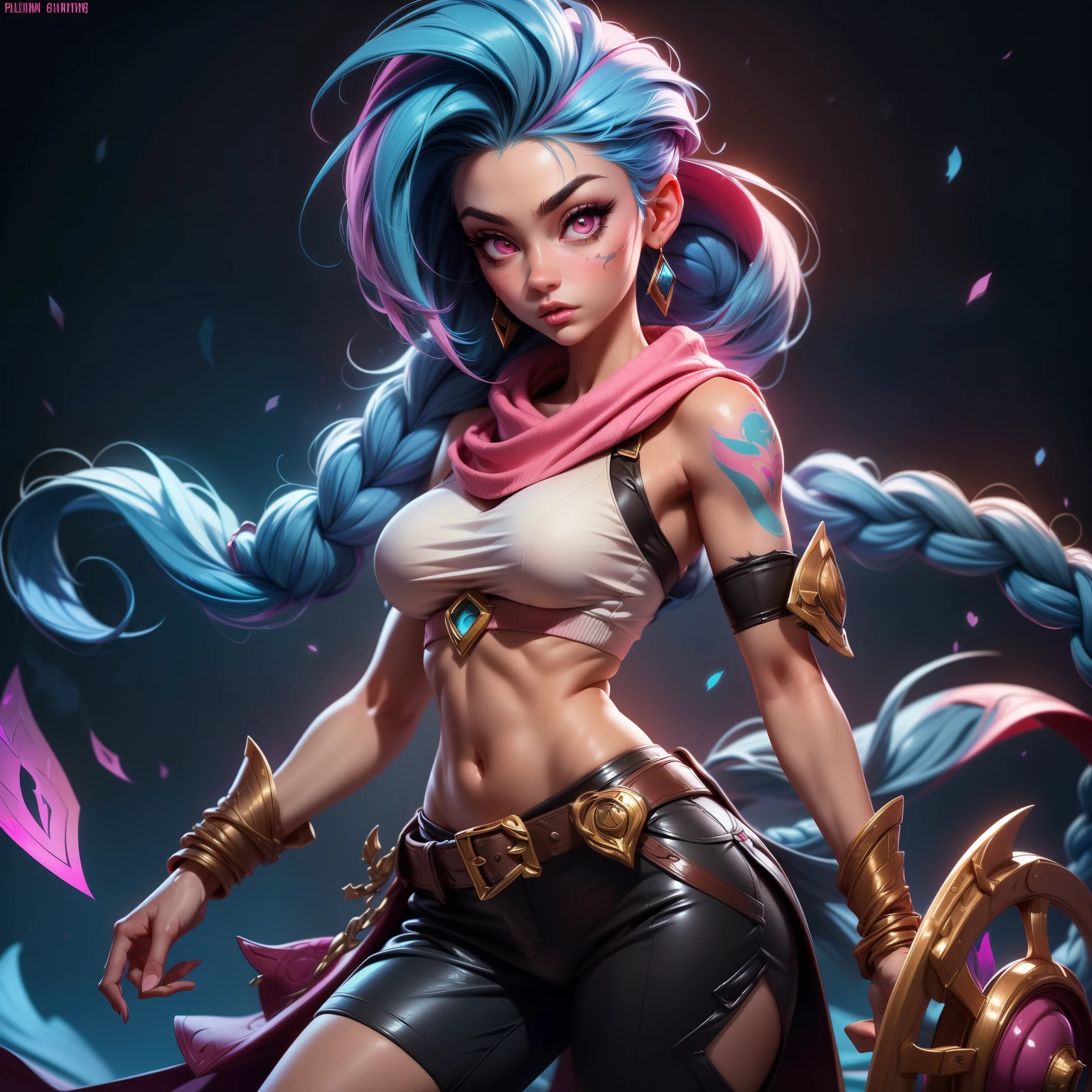 (A high resolution), (absurderes), (Best quality), (High quality), (Masterpiece), (1boy), , Glowing eyes, Pink eyes, Blue hair, Long hair, Double up braid, Jinx \(League of Legends\), arm tattoos, Crop top underboobs , Medium breasts, arms back behind, seductive  body. Sexy .