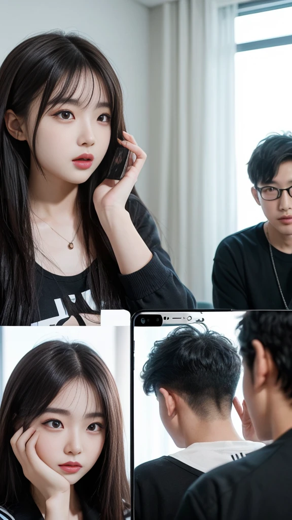 (high quality), (SFW:1.2), split screen, delinquent, Mature and bad high school girl and Korean adult man enjoying smartphone chatting app, Her smartphone display shows a number of adult Korean men having a conversation with a bad high school girl..., Chat language is English., The men are waiting for her reaction, pop-up window, there'still, The man is asking her to chat on his smartphone screen. Chat takes place alternately between women and men....