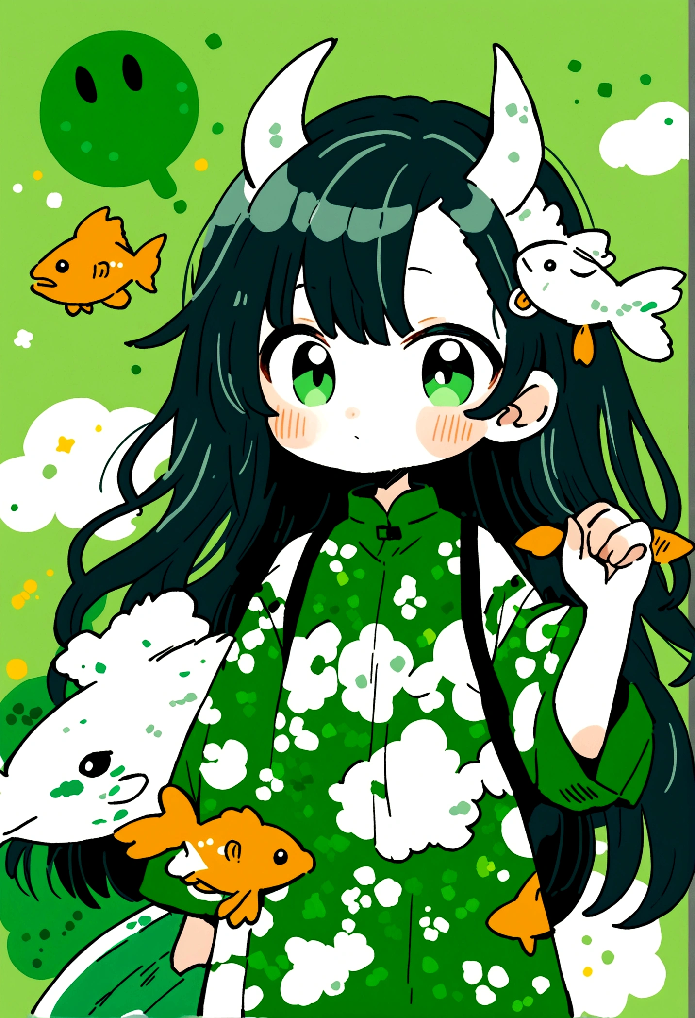 White skin anime girl long black hair, green eyes with blemishes on his cheeks, ram horns and fish fins in his ears