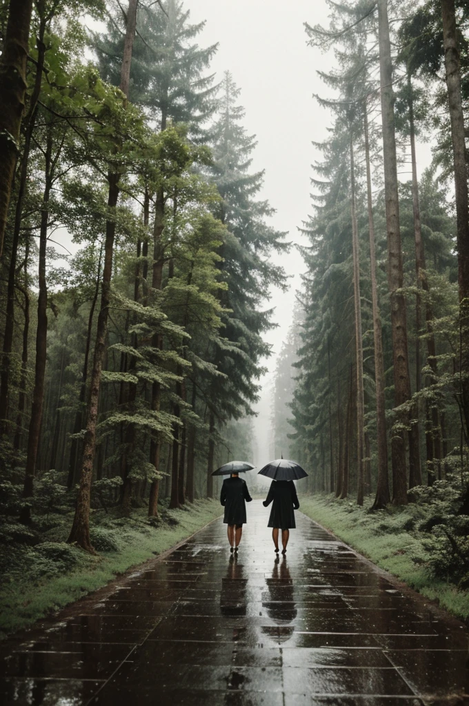 A couple walking in the rain with umbrella in the forest (wide view of the forest)