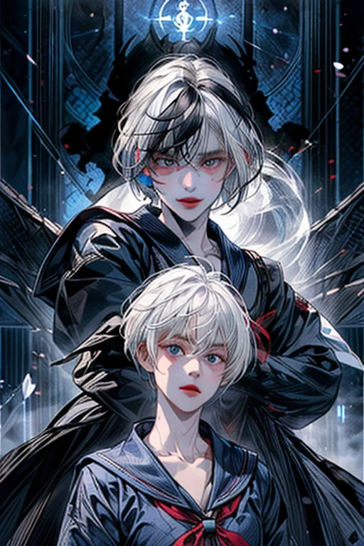 masterpiece,best quality,ultra-detailed,8K,high resolution,vulcn style, Black and Red,One Girl,(short hair:1.2),Highly detailed eyes,Highly detailed face,Very fine hair,8K,masterpiece,Highest quality,(Left and right split theme:1.2),Without gaps,Heterochromia iridis,(Chiaroscuro:1.2),(On the left are black hair and red eyes,On the right are white hair and blue eyes:1.2),(Sailor suit:1.2),Complete Anatomy,Evil scheme,IQ500,The Devil and God