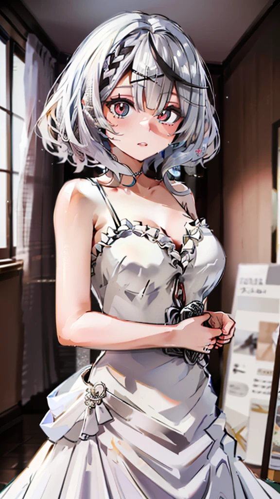 Ultra-high resolution,masterpiece, Attention to detail, Highest quality, 4K,(Silver Hair,short hair),(Blessed,Captivating body、Ultra-detailed skin、Beautiful Eyes、Detailed Background),One girl、(Wedding dress、Embarrassing:1.3),Wedding hall