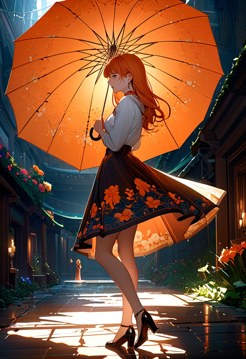 (masterpiece:1.4), (best quality:1.4), fantasy, extremely detailed, complex, hyper detailed, illustration,Soft lighting, 1 Girl, Holding an umbrella, Orange Hair_flower, skirt, bending_Exceed , (perfect_Face), Gorgeous, complex, Dramatic Lighting, 4K, detailed_background, Caustic lines, full_Body, digital_illustration, from_side