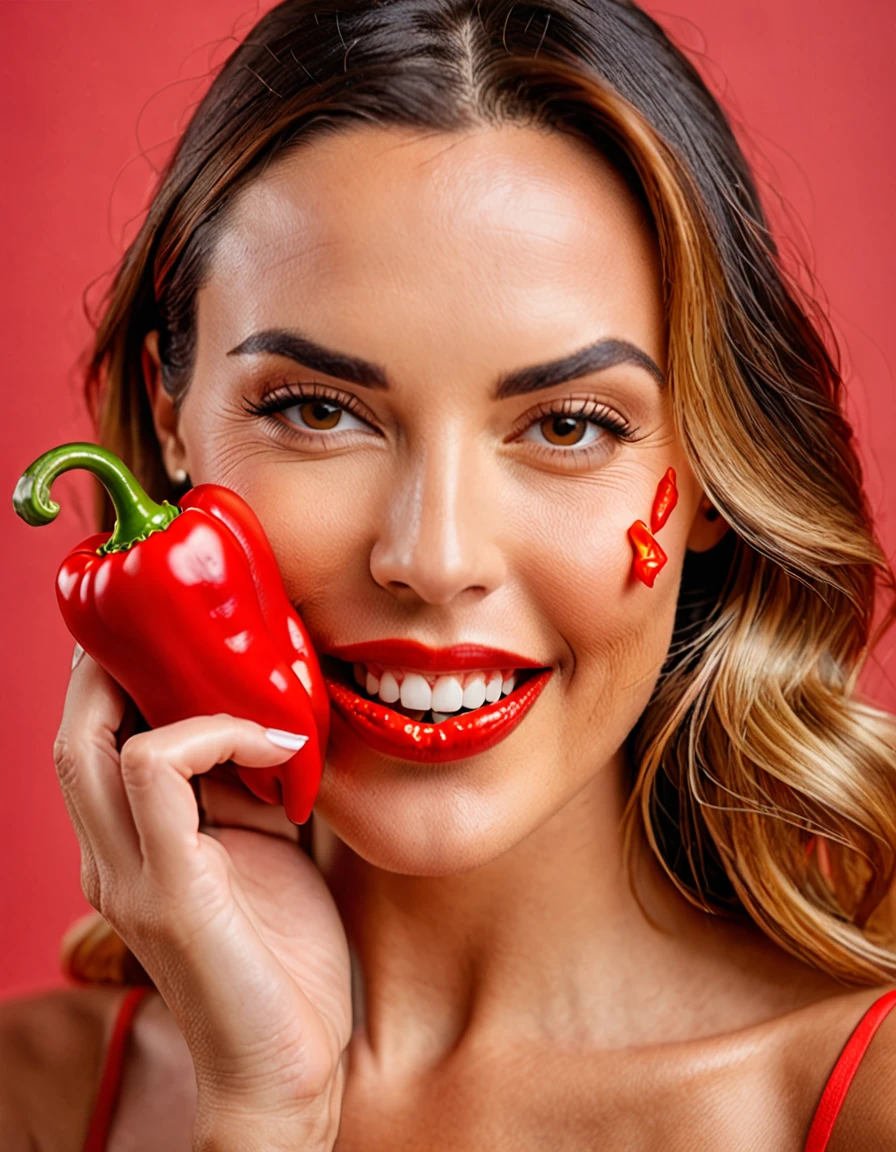 Photo of Challenging flirty sexy woman, she has a (natural uneven skin), (natural mommy look), she looks into the camera, ((between her teeth she has a red pepper)) masterpiece, perfekt view, realistic