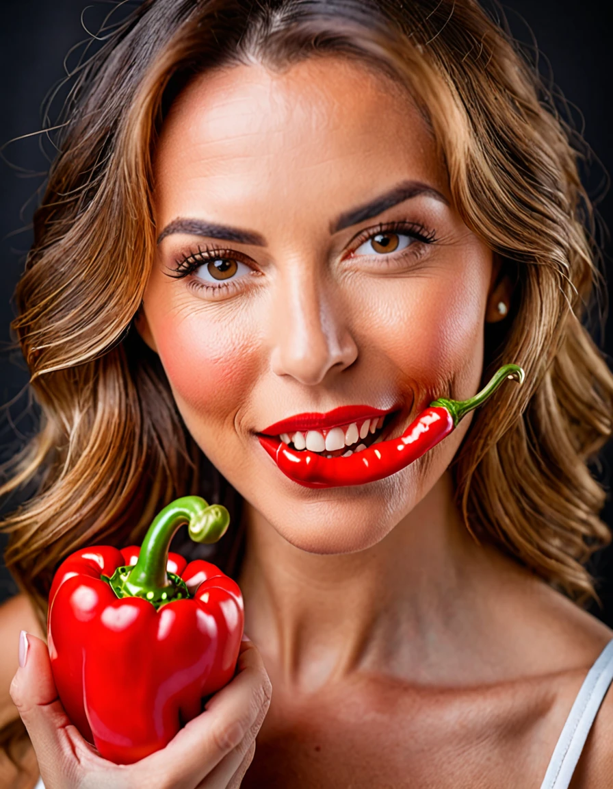 Photo of Challenging flirty sexy woman, she has a (natural uneven skin), (natural mommy look), she looks into the camera, ((between her teeth she has a red pepper)) masterpiece, perfekt view, realistic