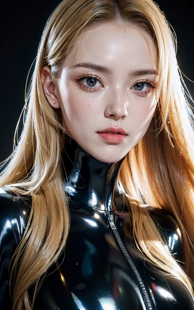 (8K, top-quality, masterpiece:1,2, super detailed photo, 4k, super high resolution), ((face close up:1.5)), (detailed face skin, reallistic, Photorealsitic:1.37), transcendent beautiful woman, blonde long hair, black latex rubber suit, slender, background black, soft lighting