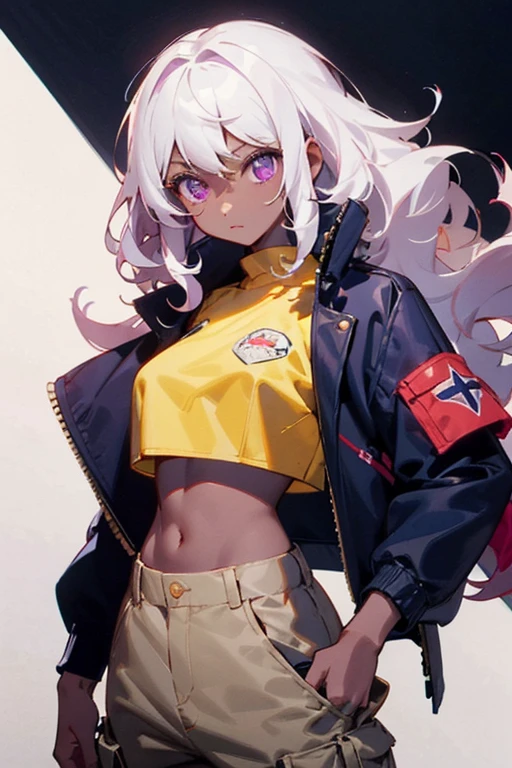 A girl who has purple eyes and curly white hair has dark skin, wears red cargo pants and a yellow crop top over a jacket.