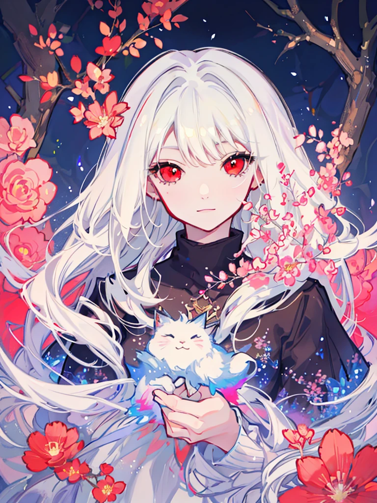 Create a vibrant anime-style illustration featuring a girl with white hair, red eyes, and colorful flowers. The artwork should capture the girl's flowing white hair and striking red eyes in mesmerizing detail, and be bursting with color. Incorporate colorful flowers into the artwork to complement the girl's beauty and add depth to the piece. The finished illustration should be an artistic masterpiece that transports the viewer to a magical world filled with wonder and imagination.