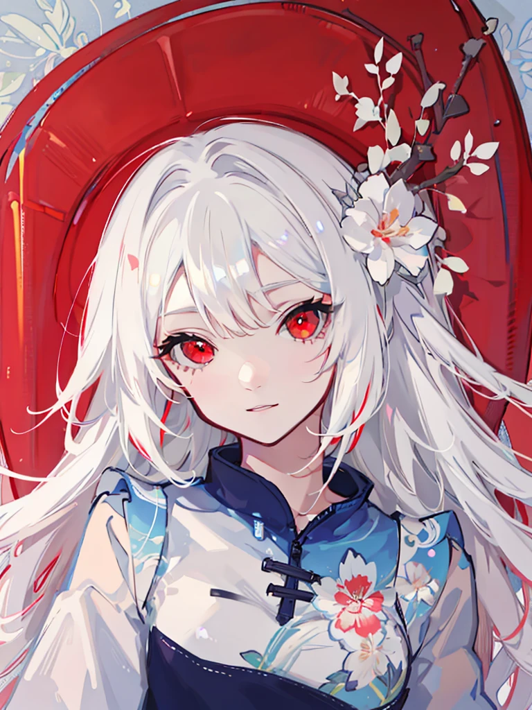 Create a vibrant anime-style illustration featuring a girl with white hair, red eyes, and colorful flowers. The artwork should capture the girl's flowing white hair and striking red eyes in mesmerizing detail, and be bursting with color. Incorporate colorful flowers into the artwork to complement the girl's beauty and add depth to the piece. The finished illustration should be an artistic masterpiece that transports the viewer to a magical world filled with wonder and imagination.
