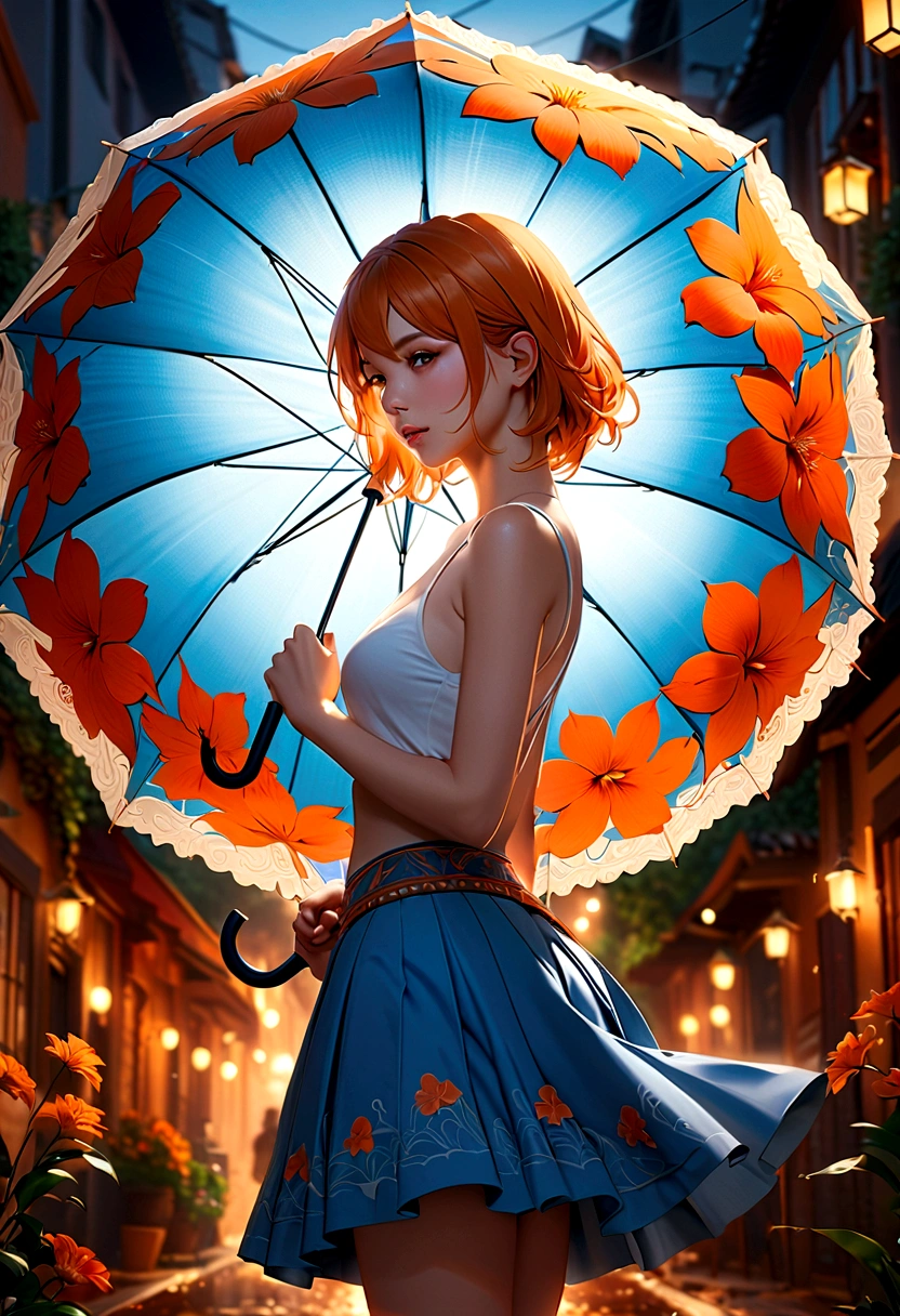 (masterpiece:1.4), (best quality:1.4), fantasy, extremely detailed, complex, hyper detailed, illustration,Soft lighting, 1 Girl, Holding an umbrella, Orange Hair_flower, skirt, bending_Exceed , (perfect_Face), Gorgeous, complex, Dramatic Lighting, 4K, detailed_background, Caustic lines, full_Body, digital_illustration, from_side