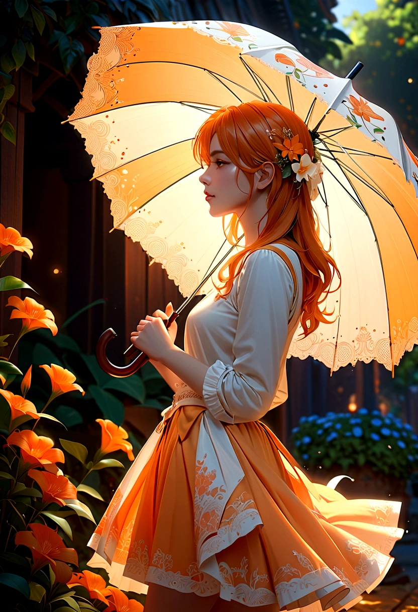 (masterpiece:1.4), (best quality:1.4), fantasy, extremely detailed, complex, hyper detailed, illustration,Soft lighting, 1 Girl, Holding an umbrella, Orange Hair_flower, skirt, bending_Exceed , (perfect_Face), Gorgeous, complex, Dramatic Lighting, 4K, detailed_background, Caustic lines, full_Body, digital_illustration, from_side