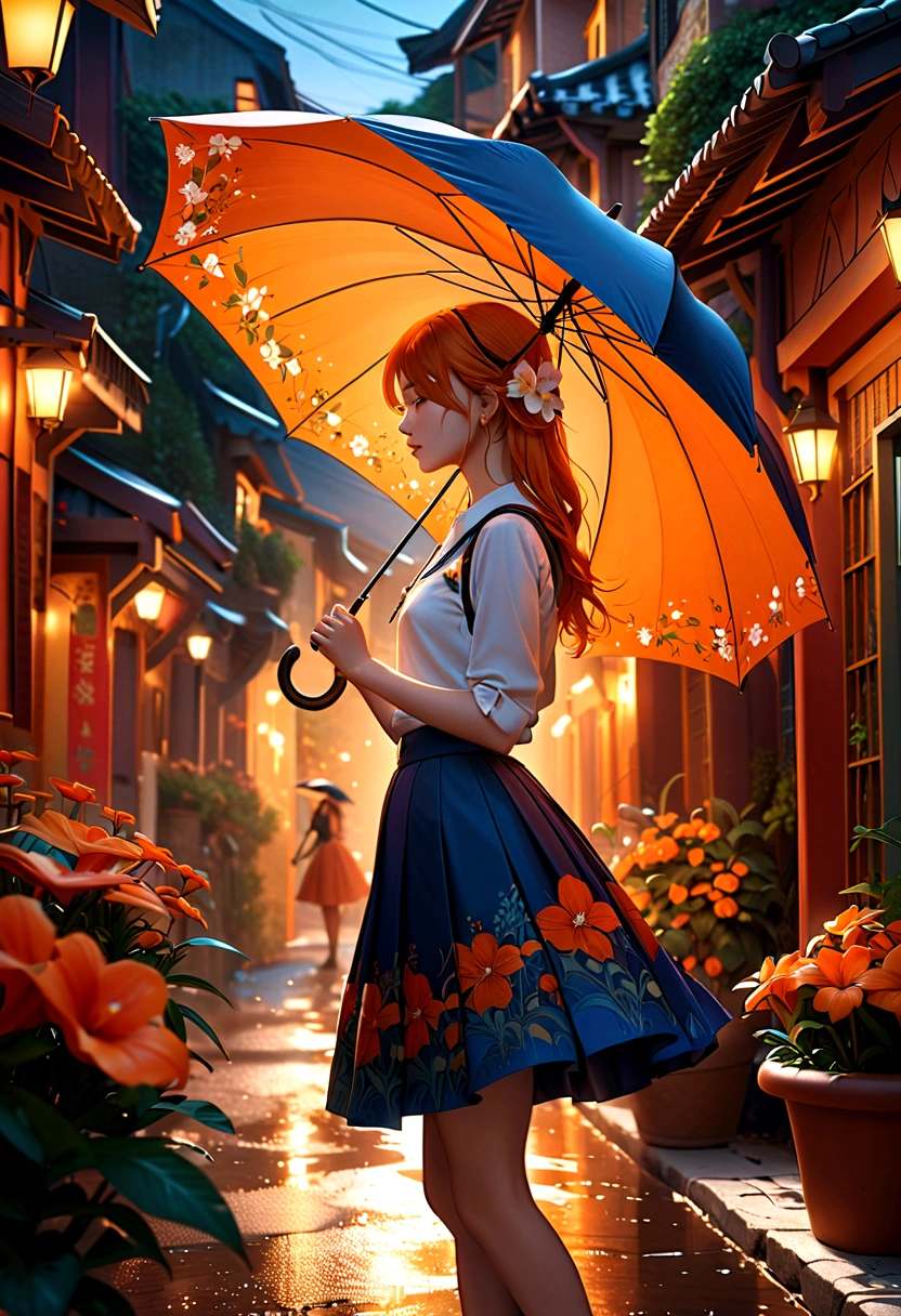 (masterpiece:1.4), (best quality:1.4), fantasy, extremely detailed, complex, hyper detailed, illustration,Soft lighting, 1 Girl, Holding an umbrella, Orange Hair_flower, skirt, bending_Exceed , (perfect_Face), Gorgeous, complex, Dramatic Lighting, 4K, detailed_background, Caustic lines, full_Body, digital_illustration, from_side