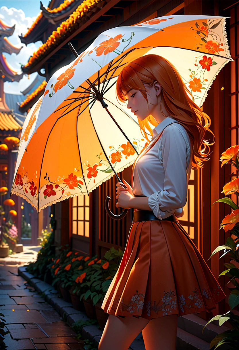 (masterpiece:1.4), (best quality:1.4), fantasy, extremely detailed, complex, hyper detailed, illustration,Soft lighting, 1 Girl, Holding an umbrella, Orange Hair_flower, skirt, bending_Exceed , (perfect_Face), Gorgeous, complex, Dramatic Lighting, 4K, detailed_background, Caustic lines, full_Body, digital_illustration, from_side