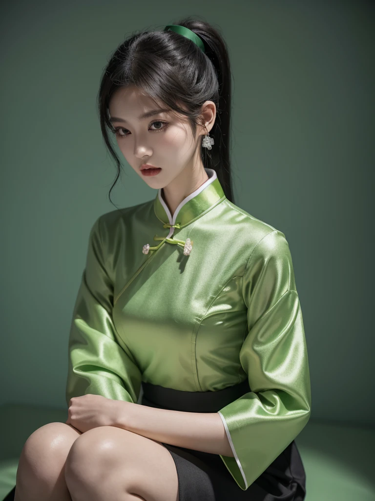 korean model , slim body , 167cm ，Movie Angle，long black ponytails hairstyle, （Cute girl,anatomy correct, traditional full garment Pastel Spring Green silky chinese qipao ，（ art，geomerty），（plethora of colorest quality，high detail，tmasterpiece，Cinematic lighting effects，4K，Chiaroscuro )

