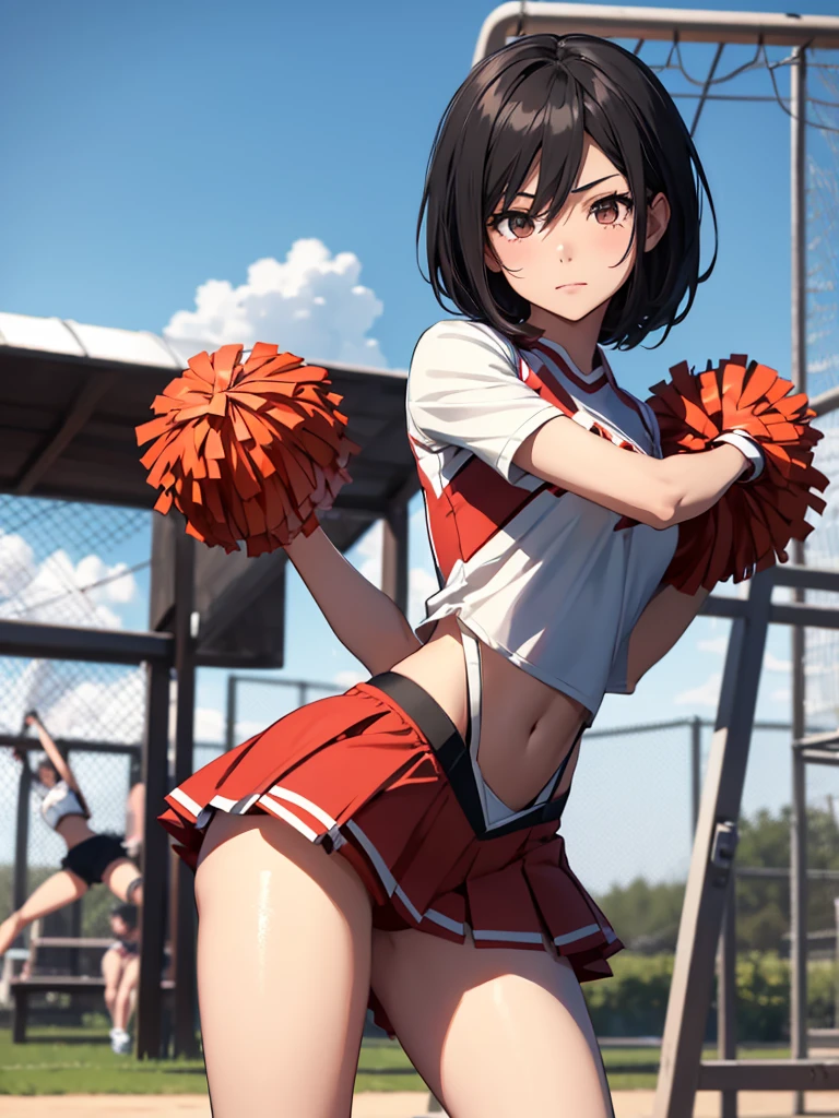 Mikasa, 1girl, as a cheerleader, wearing cheerleader outfit, at a playground , black short hair, 8k, high detailed, high quality
