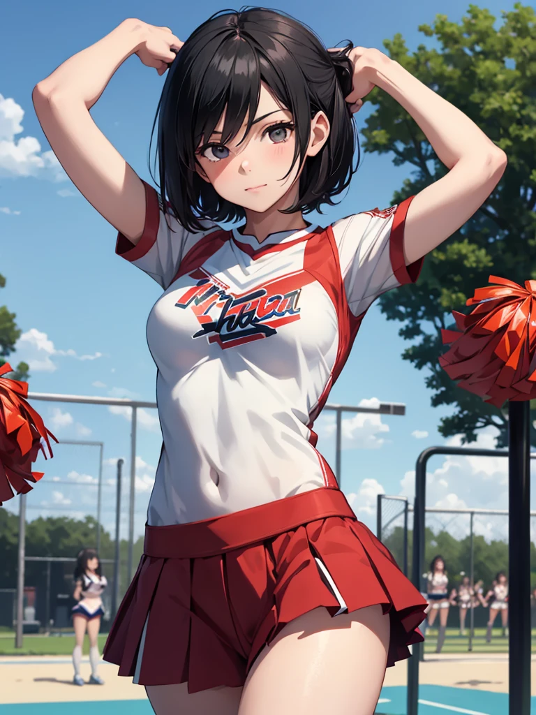 Mikasa, 1girl, as a cheerleader, wearing cheerleader outfit, at a playground , black short hair, 8k, high detailed, high quality