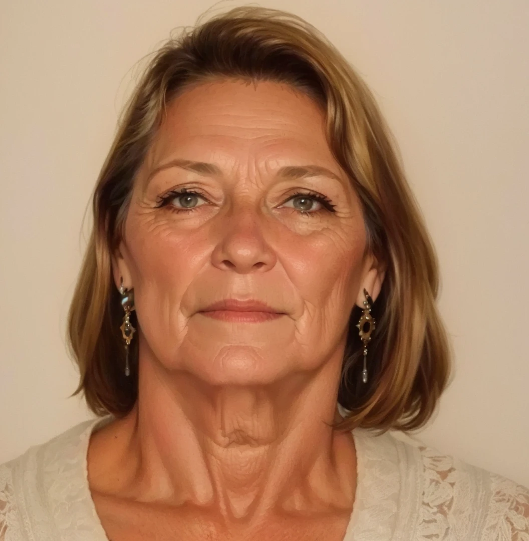 photo of 60 year old woman's face, chestnut hair, low exposure,realisic skin, Inside the house, front for camera, t - shirt,