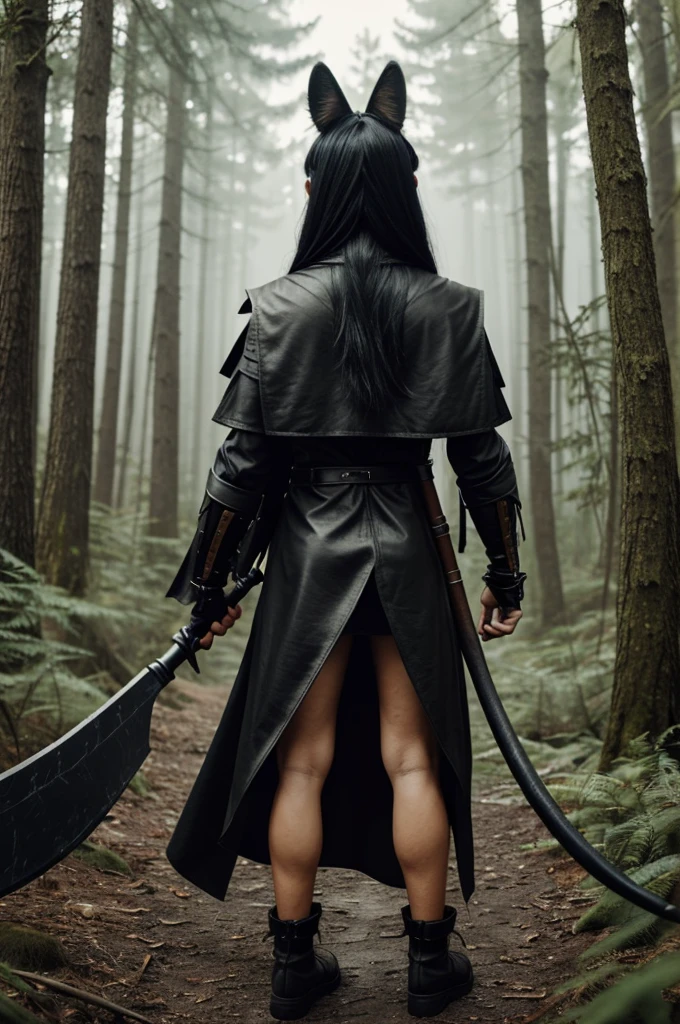 I want a character who is human and who has small fox ears and a fox tail who has a huge black scythe on his back and who has leather armor with iron and who is in the forest and who has hair black