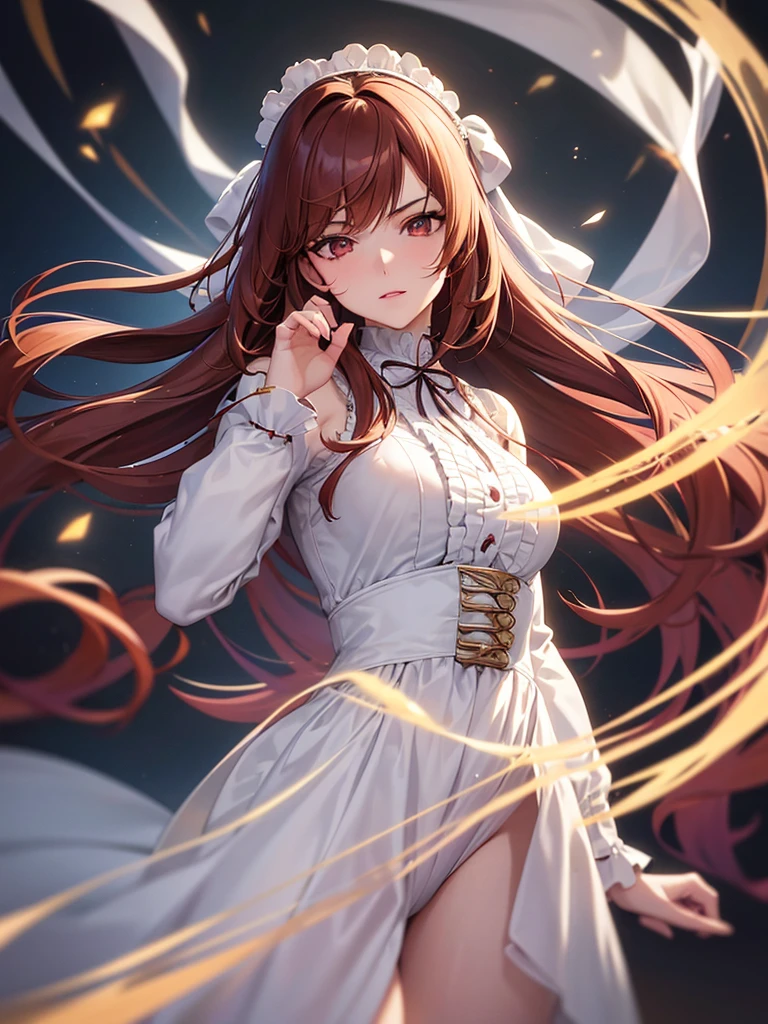 A detailed, high-quality anime girl with long, loose reddish brown hair with white tips and side bangs, reddish brown eyes and a white right eye, slanted cold stare, elegant Victorian era style clothing, skin clear as the moon, 1girl,anime,detailed face,beautiful detailed eyes,beautiful detailed lips,extremely detailed eyes and face,longeyelashes,reddish brown hair,white hair tips,reddish brown eyes,white right eye,slanted eyes,cold stare,victorian era dress,porcelain skin,kuroshitsuji style,best quality,4k,8k,highres,masterpiece:1.2,ultra-detailed,realistic,photorealistic,photo-realistic:1.37,HDR,UHD,studio lighting,ultra-fine painting,sharp focus,physically-based rendering,extreme detail description,professional,vivid colors,bokeh