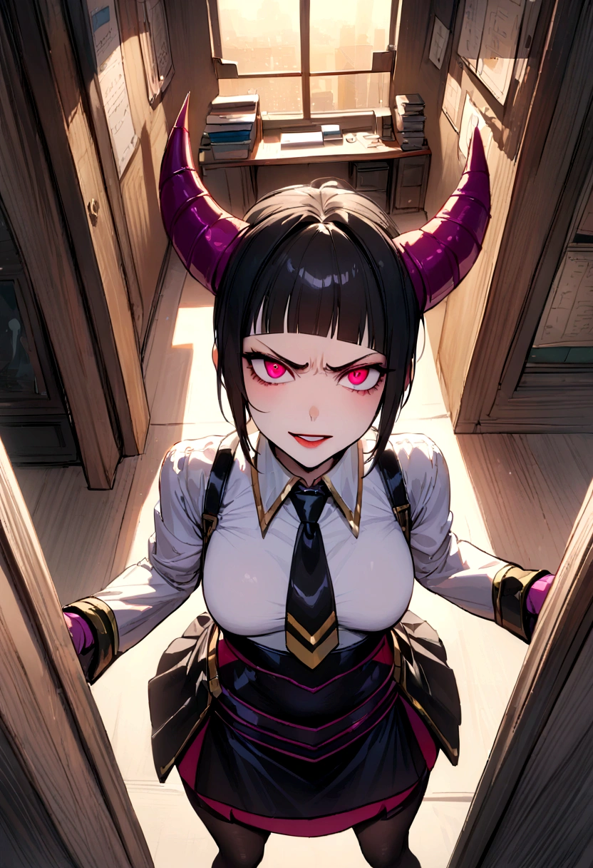 (detailed), (((bat girl))), (((murcielago))), big ass, gray skin, black wavy hair, ((mini skirt)), (((dripping thong))), (((freckles in the face))), (((office worker suit)))