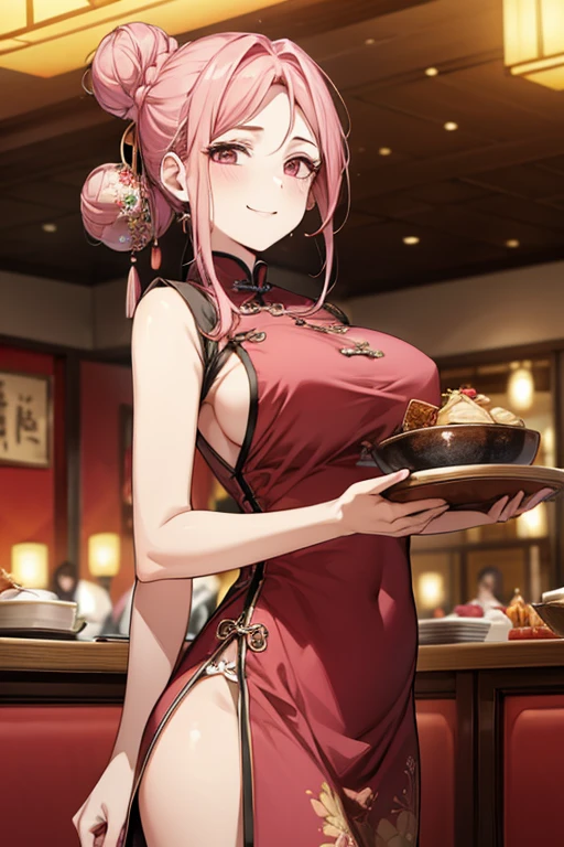 Highest quality,Masterpiece,8K,China Long Dress,Big Breasts,Best Style,Droopy eyes,A sparkling smile,Pink Hair,Hair Bun,Chinese restaurant,waiter,