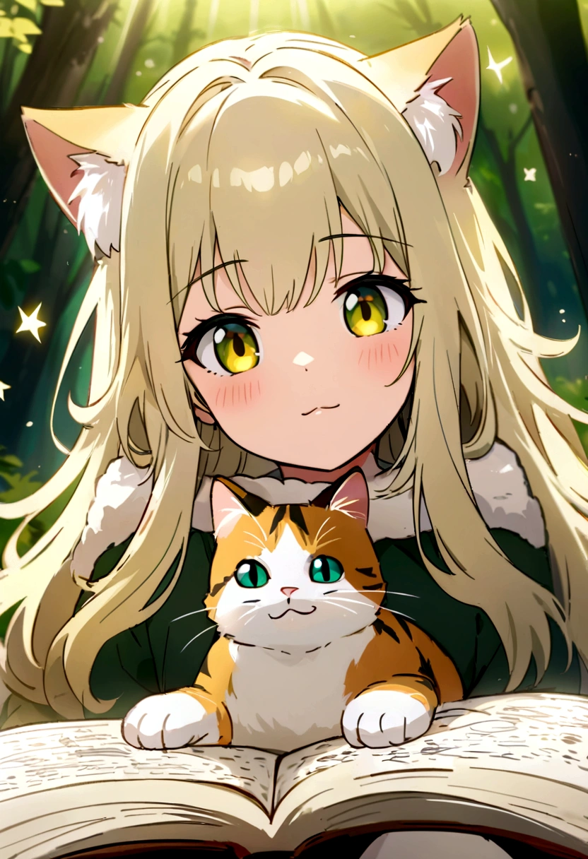 Highest quality、masterpiece、Detailed CG、cute cat、Norwegian Forest Cat、Handwritten style、icon、Yellow-green eyes、Sitting on a floating book