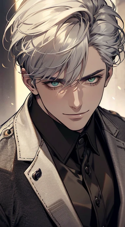 ((a mature man, very handsome, smile in love, short grey white hair, green eyes, perfect face without errors)), ((buttoning the jacket, CEO)), (best quality, masterpiece, 8K, photorealistic, cinematic lighting, hdr image, ultra detailed, beautiful image), (portrait, detailed facial features, intricate textures, realistic skin tones, highly detailed, ultra-realistic), (warm lighting, soft shadows, dramatic lighting), (muted color palette, rich tones), (professional photography, high resolution, studio lighting)
