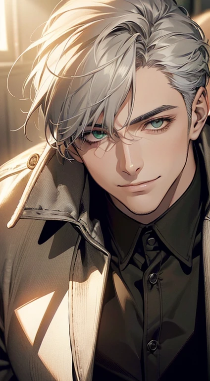 ((a mature man, very handsome, smile in love, short grey white hair, green eyes, perfect face without errors)), ((buttoning the jacket, CEO)), (best quality, masterpiece, 8K, photorealistic, cinematic lighting, hdr image, ultra detailed, beautiful image), (portrait, detailed facial features, intricate textures, realistic skin tones, highly detailed, ultra-realistic), (warm lighting, soft shadows, dramatic lighting), (muted color palette, rich tones), (professional photography, high resolution, studio lighting)