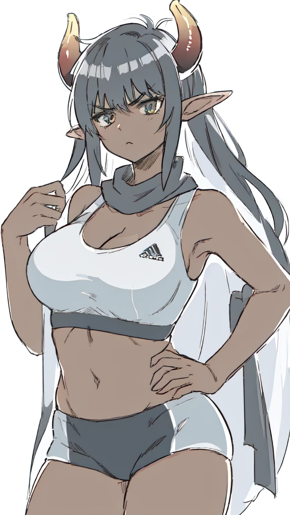 1girl ,25s,adult,serious face,long hair, black hair,horns,elf ears,((black scarf)),cleavage,((dark skin)),(black sports bra, midriff),white background