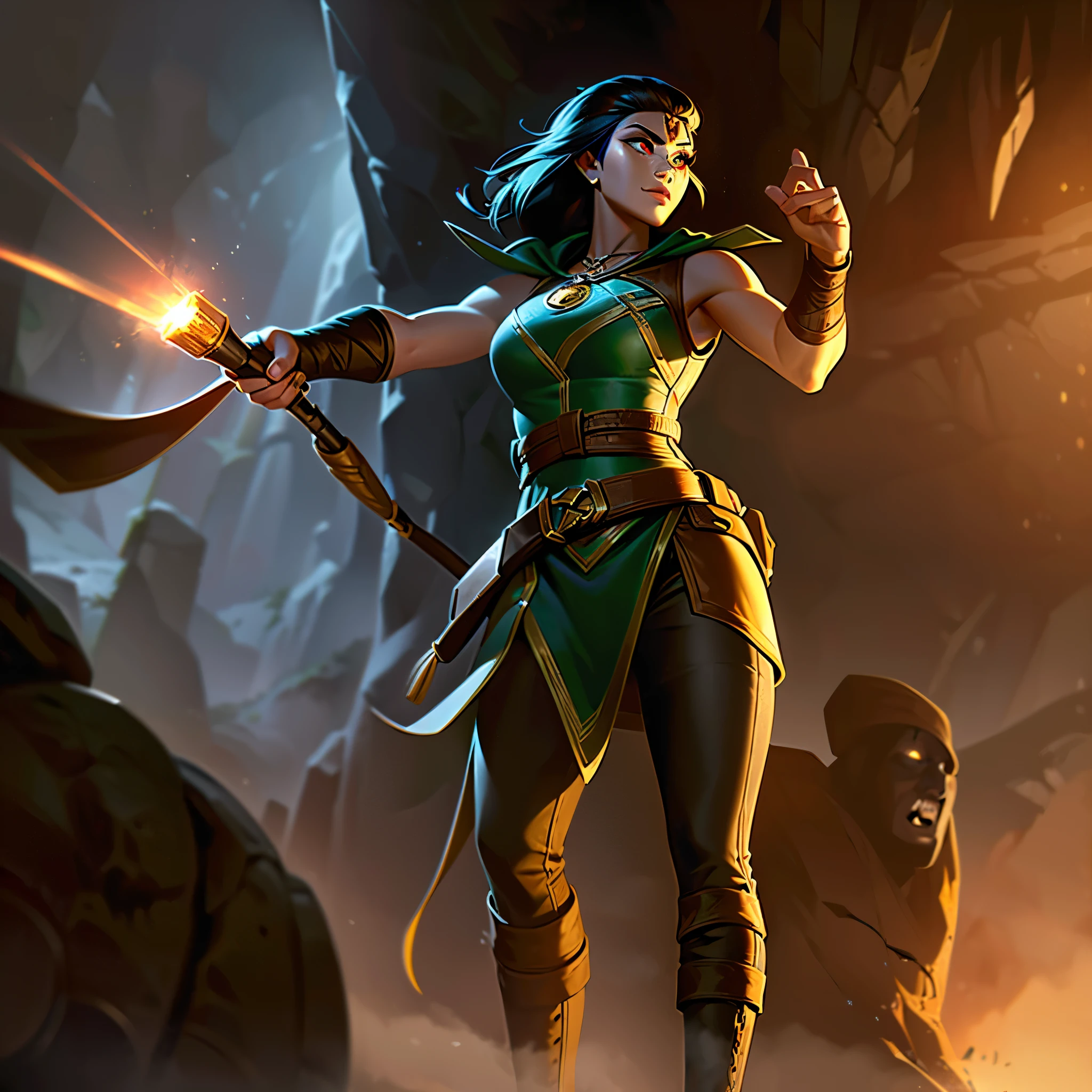 Khali is an archer who wears a leather vest, pants, and boots, and a green cloak. She has long black hair and brown eyes, and carries a bow and a quiver of arrows on his back. She also wears a necklace with a sun-shaped pendant.. She is in a dark and dangerous cave, holding a flare that illuminates your surroundings. She looks confident and adventurous, ready to explore the unknown and discover the secrets of the hidden sun.