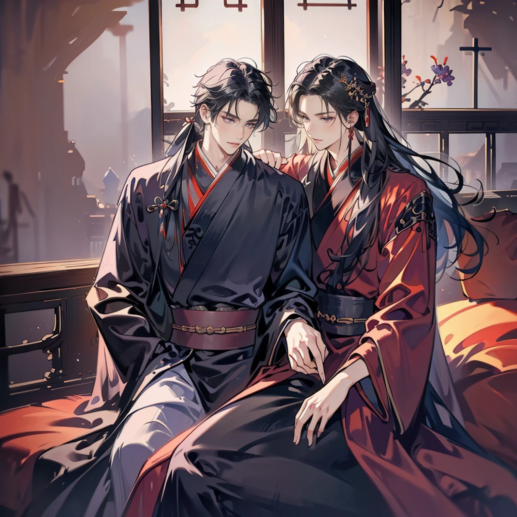 (nonsense, height, Very detailed, HDR), Masterpiece, complicated, best quality, man, long black hair, purple eyes, Hanfu costume, Interior decoration with Chinese style details, Detailed characters