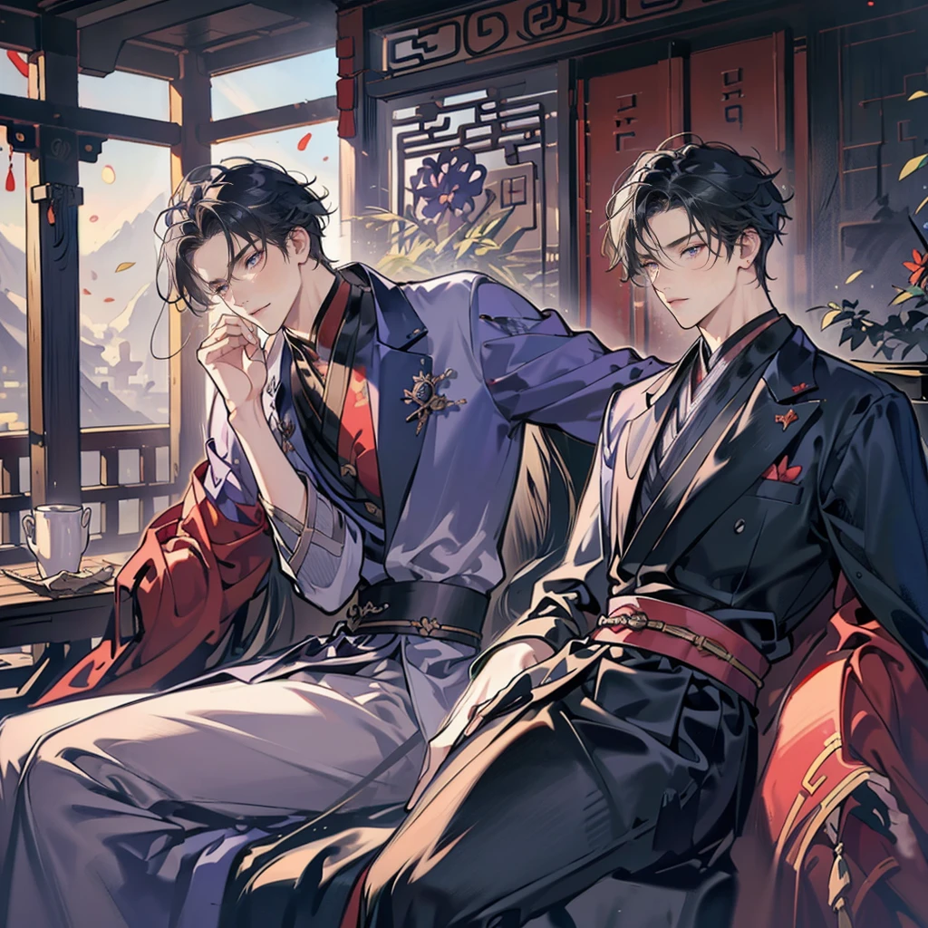 (nonsense, height, Very detailed, HDR), Masterpiece, complicated, best quality, man, long black hair, purple eyes, Hanfu costume, Interior decoration with Chinese style details, Detailed characters