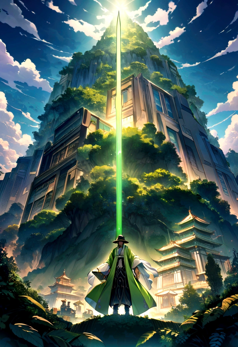 A lone figure stands amidst the lush, mystical landscape of the xianxia world. One hand rests on the pommel of an ornate sword, the other holding a sleek, futuristic tablet. The figure is dressed in a fusion of cultivation robes and high-tech gear, his face hidden beneath the brim of a futuristic fedora. Behind him, a towering mountain looms against the sky, with lush greenery and traditional architecture blending with sleek, modern buildings. The image is awash in warm, magical lighting, contrasting with the cool, technological elements in the foreground.