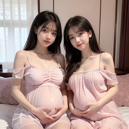 2 women,Mom and mother-in-law,35 years old,Wife A pregnant woman,Pregnant,pregnant,怀着双胞胎的pregnant with twins,10 months 孕,Pretty Face,Sexy body,Long hair,Wearing a pink transparent off-shoulder dress,Sexy pajamas