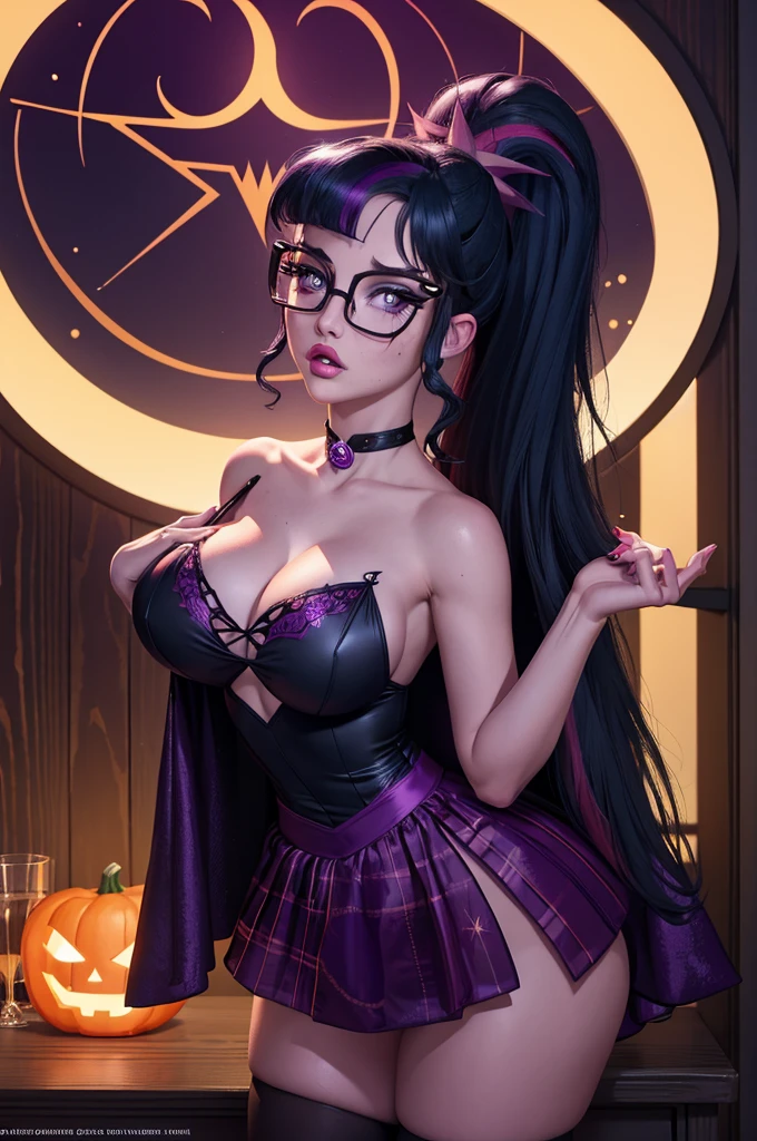 Twilight sparkle sexy revealing witch outfit, halloween, halloween night, glasses, halloween night, revealing, sexy, moonlight background, , sexy, revealing witchoutfit, sexy, boob window, flat chested, freckles, intricate detail