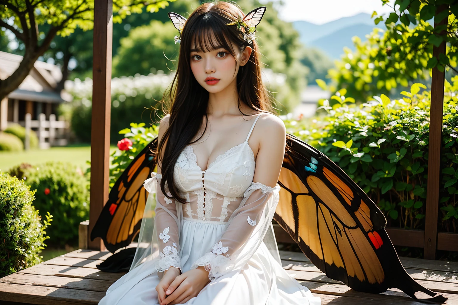A masterpiece, high quality, high resolution, blend of realistic photography and fantasy. A beautiful fairy with large butterfly wings sits on a large mushroom. She is surrounded by flowers and butterflies and heart shaped soap bubbles, the scene is filled with a sense of magic and wonder. Intricate and beautifully detailed. The fairy's expression is calm and thoughtful, she appears lost in contemplation. This image evokes a sense of peace and tranquility and is a perfect example of the beauty and wonder of the natural world.