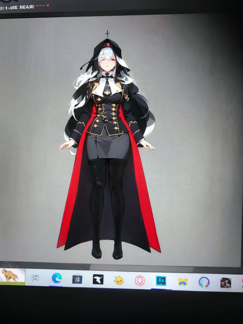 Make an anime poster, has 4 women in it, on the left side a classy dressed beauty with only the colors red and white, has an angelic presence but a demonic personality, she wears a hat on her head and a long mature gown. On the middle, a millitary general with black and white hair, and a blindfold covering her eyes. Behind her in the back, a woman faded in the background, only her eyes red Phoenix can be seen. Finally at the very right side a nun with a blindfold and a church nun fantasy black dress, holding her hands together symbolizing a prayer gesture.