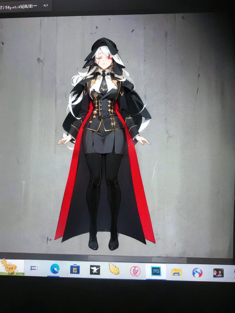Make an anime poster, has 4 women in it, on the left side a classy dressed beauty with only the colors red and white, has an angelic presence but a demonic personality, she wears a hat on her head and a long mature gown. On the middle, a millitary general with black and white hair, and a blindfold covering her eyes. Behind her in the back, a woman faded in the background, only her eyes red Phoenix can be seen. Finally at the very right side a nun with a blindfold and a church nun fantasy black dress, holding her hands together symbolizing a prayer gesture.