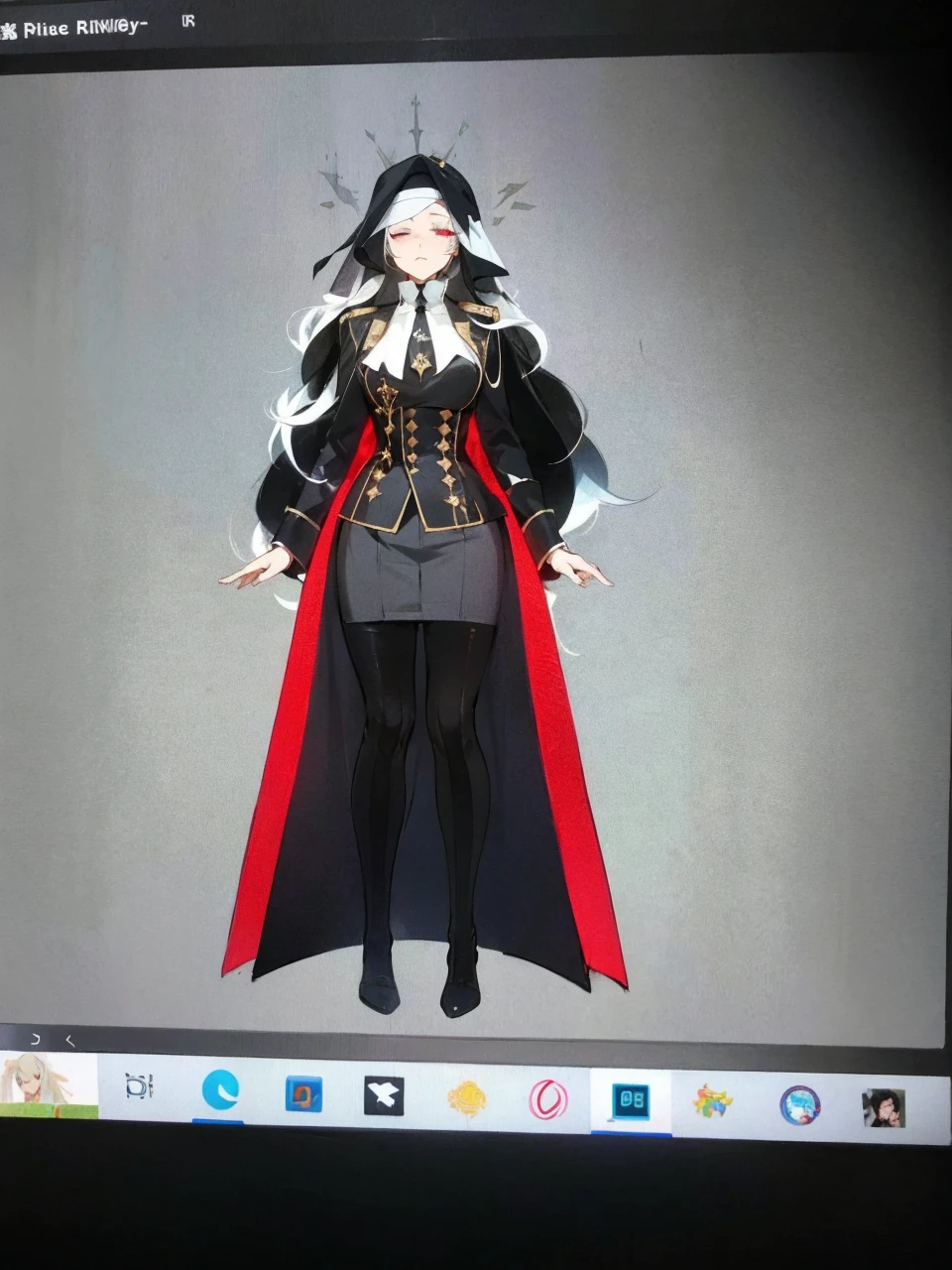 Make an anime poster, has 4 women in it, on the left side a classy dressed beauty with only the colors red and white, has an angelic presence but a demonic personality, she wears a hat on her head and a long mature gown. On the middle, a millitary general with black and white hair, and a blindfold covering her eyes. Behind her in the back, a woman faded in the background, only her eyes red Phoenix can be seen. Finally at the very right side a nun with a blindfold and a church nun fantasy black dress, holding her hands together symbolizing a prayer gesture.