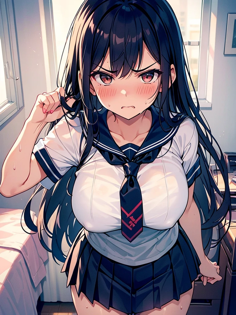 Grabbing a dildo inserted in her pussy, Pleated skirt, My Room, (Angry face, blush, Sweat), standing, navy long hair, Big Breasts
