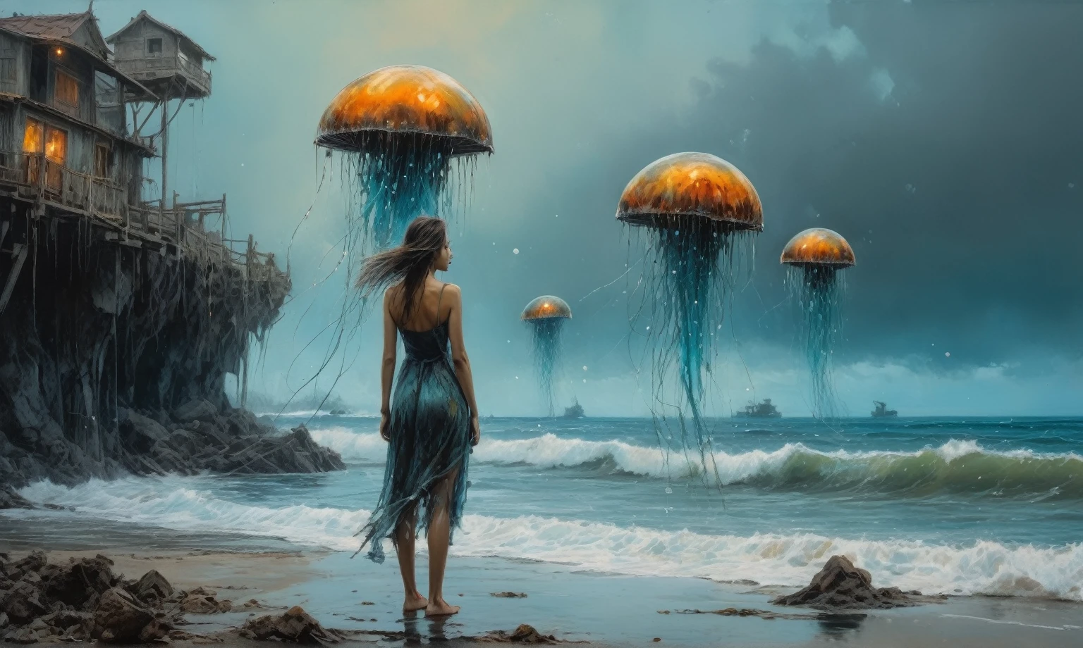  woman, stunning, highly detailed, 8k, ornate, intricate, cinematic, dehazed, atmospheric, (oil painting:0.75), (splash art:0.75),(teal:0.2),(orange:0.2), (by Jeremy Mann:0.5), (by John Constable:0.1),(by El Greco:0.5),(acrylic paint:0.75)full-body-shot,High contrast,Masterpiece,Realistic,Ultra Detailed,intricate details,realistic jellyfish skin,extremely intricate,realism,photorealism, cinematic style,irina yermolova,HDR,((Wangechi Quality)),extremely detailed, [night landscape],masterpiece,intricate details,faded,eyes extremely detailed, high detailed eyes,16k resolution,RAW, Nikon Z9,chinese orc's village of fishers on seaside,authentic,full body length,Labradorite babygirl,native italian troll ,pretty face,eyebrow up,full body shot,ominous landscape,glate gray atmosphere,by art Simon Stalenhag,Nicola Samori,(((Wangechi Mutu))),prime colors,urban,extremely detailed,masterpiece,intricate details,faded,eyes extremely detailed, high detailed eyes,4k resolution,RAW, Nikon Z9,commercial photography ,Mestichino,Light particles,marble leather ,ink photography 