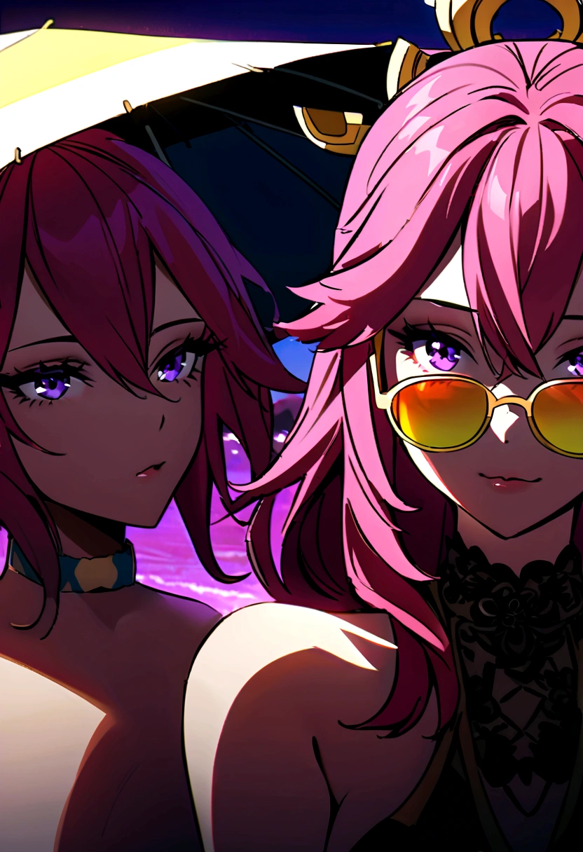 yae miko wearing stylish yellow sunglasses, Holding an umbrella, Pink Hair, Purple Eyes, beach